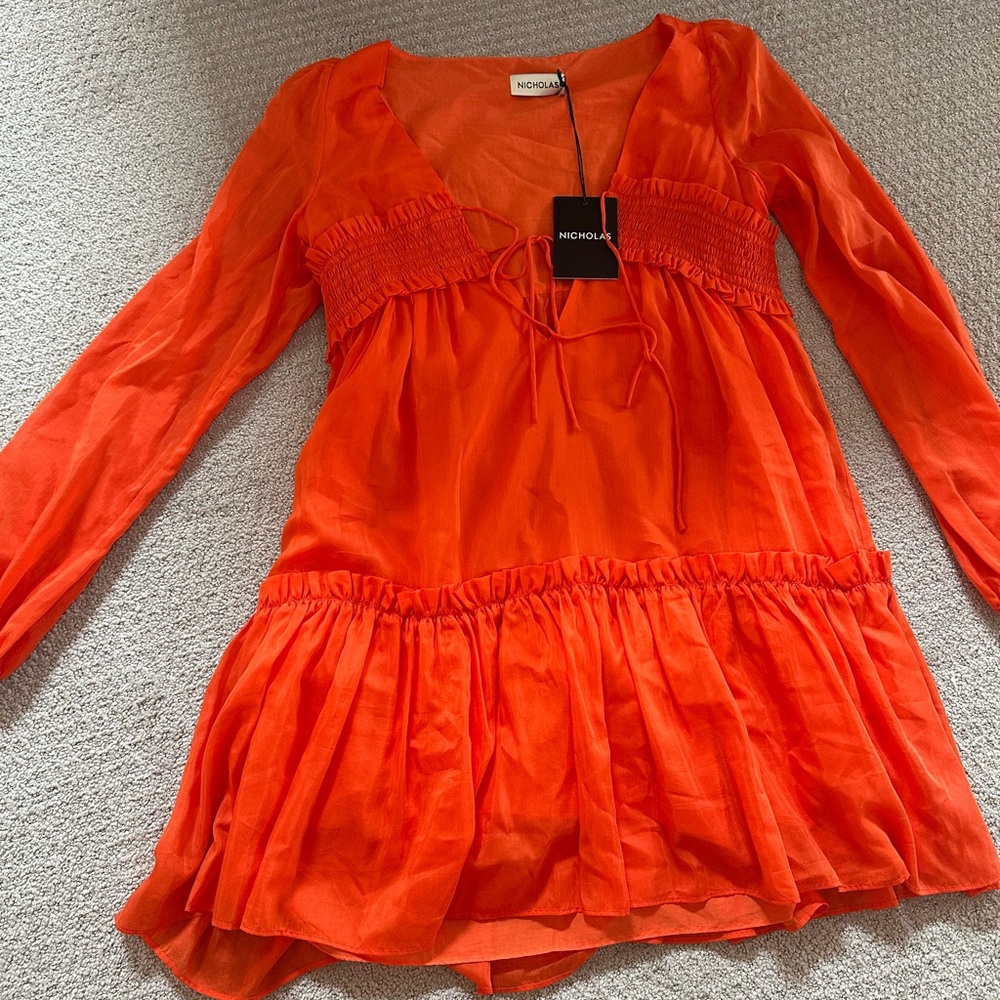 NICHOLAS Fire Orange Long Sleeve Smocked Tunic